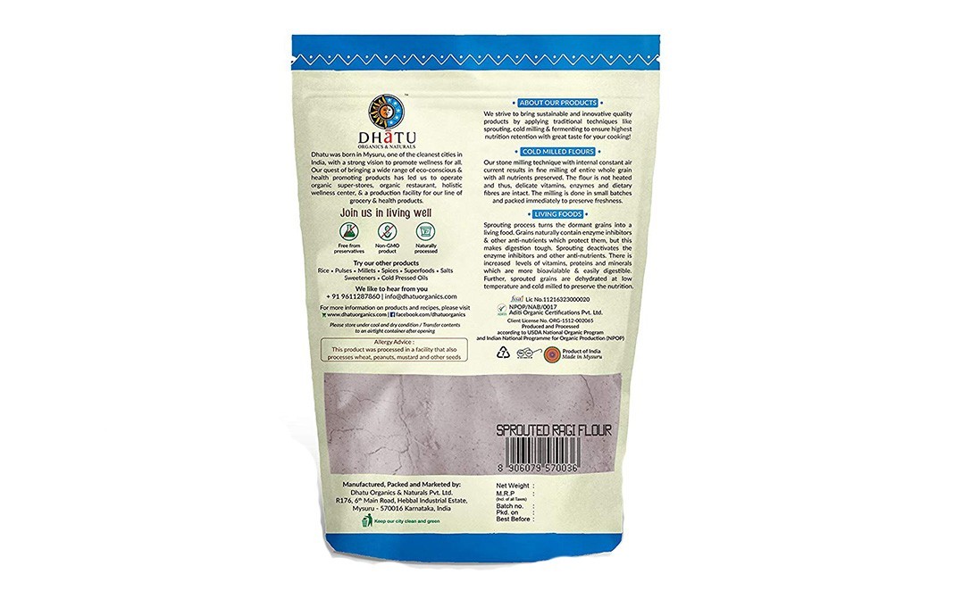 Dhatu Certified Organic Sprouted & Cold Milled - Sprouted Ragi Flour   Pack  500 grams